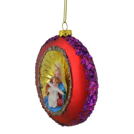 4" Mary and Jesus Sequin Religious Glass Disc Christmas Ornament {5}