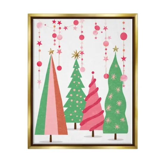 Stupell Industries Pink & Green Christmas Trees Framed Floater Canvas Wall Art Gold {1}