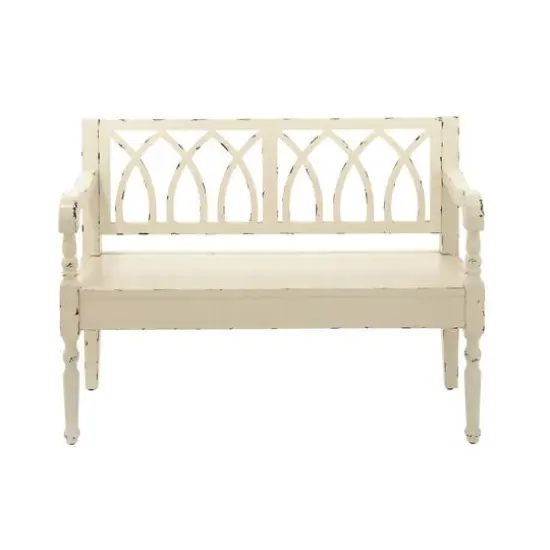 Farmhouse Rectangular Distressed White Wooden Indoor Bench {1}
