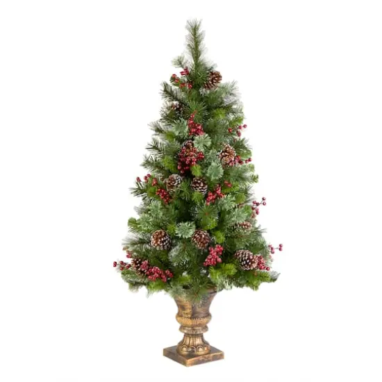 4ft. Pre-Lit Pine Iced Berry Pine Entrance Tree in Gold Urn, Clear Lights {5}