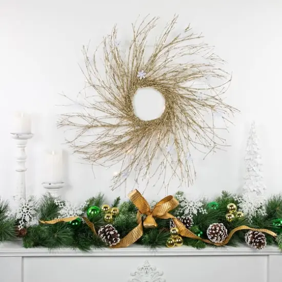 36" Pre-Lit Gold Glittered Twig Wreath with Warm White Lights {5}