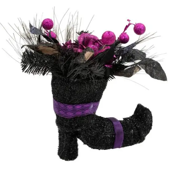 12" Black Witch's Boot with Purple Glittered Roses Halloween Decoration {4}