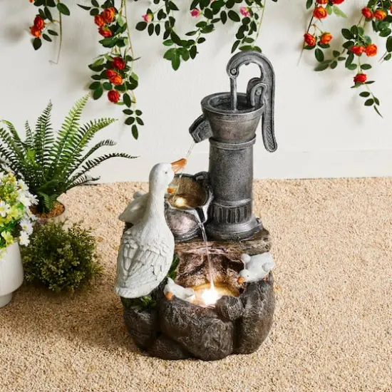 Glitzhome® 23.5" Duck Family Outdoor Fountain with LED Light {3}