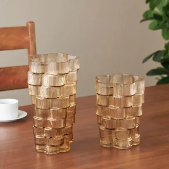 Brown Glass Ribbed Stacked Flower Vase Set {3}