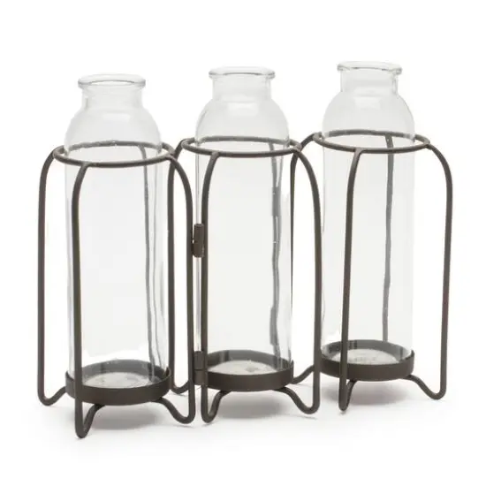 9.25" Triple Glass Bottle Vases in Iron Stand {1}