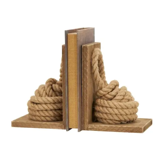 7" Brown Wood Knot Rope Bookends with Distressed L-Shaped Stands Set {8}