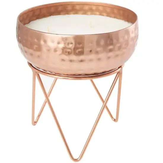 White Wax Vanilla Marshmallow Scented Candle with Hammered Copper Container and Tripod Stand {5}