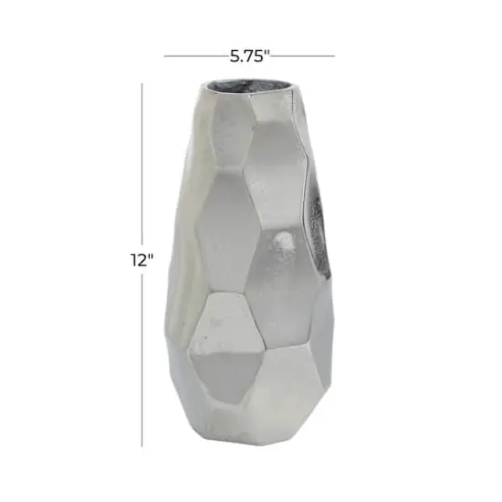 Contemporary Geometric-Style Metallic Silver Aluminum Vase, 12" x 5.7" x 5.4" {7}