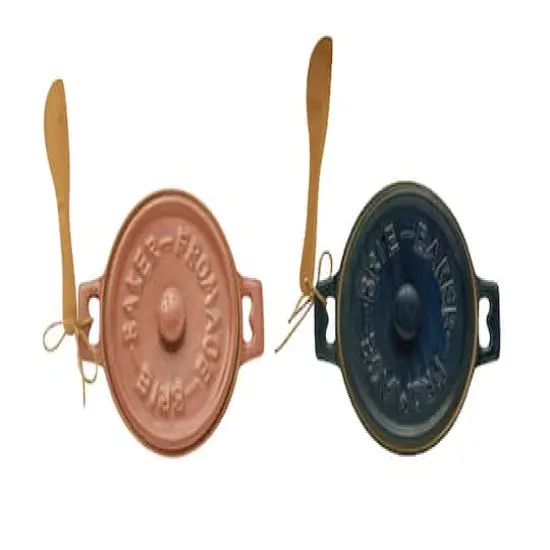 Hello Honey&reg; Blue Stoneware Brie Bakers with Bamboo Spreader, 2ct. {12}