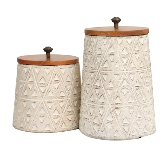 Cream Paper Mache Handmade Carved Triangle Tribal Canisters with Removable Lids Set {1}