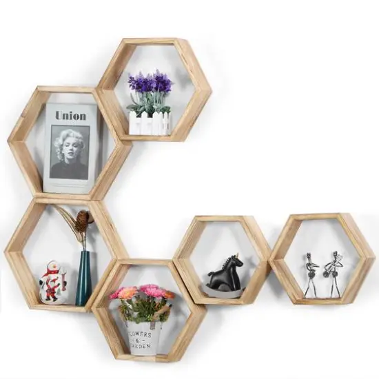 NEX&trade; Light Brown Hexagon Floating Wood Shelves Set {5}