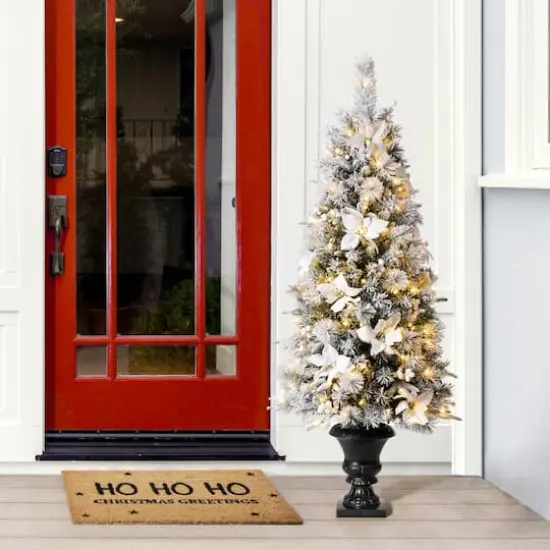 5ft. Pre-Lit Flocked Pine Artificial Christmas Tree in Planter, Warm White LED Lights {3}