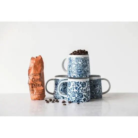 Hello Honey&reg; Blue & White Hand-Stamped Stoneware Mug with Gold Rim Set {3}