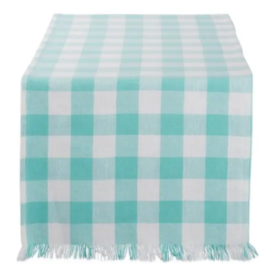 DII&reg; 72" Heavyweight Check Fringed Table Runner Aqua {1}