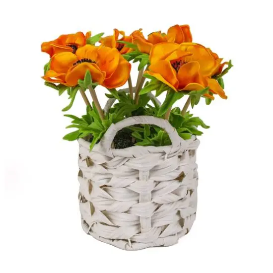 10" Anemone Flower Bouquet In White Basket Orange {2}