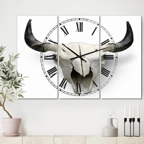 Designart White Cow Skull With Black Horns Oversized Farmhouse 3 panel Wall Clock {3}