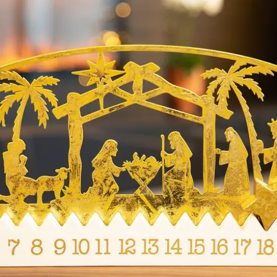 Glitzhome&reg; 23.5" Wooden & Metal Gold Foil Nativity Countdown Calendar D&eacute;cor {5}
