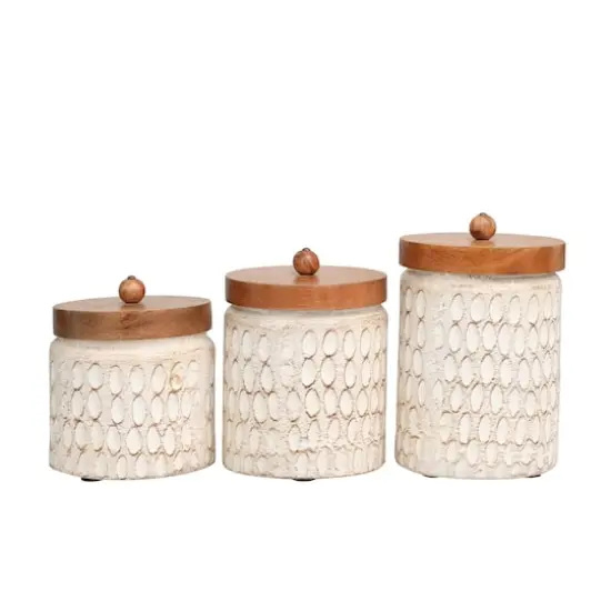 Cream Paper Mache Handmade Carved Spotted Geometric Canisters with Removable Lids Set {1}