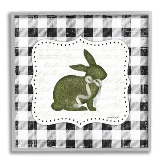 Stupell Industries Festive Easter Bunny Ribbon Spring Plaid Pattern Framed Giclee Art Gray {1}