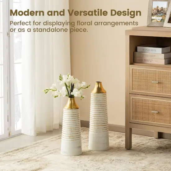 Glitzhome&reg; Modern White & Gold Striped Metal Floor Vases Set {3}