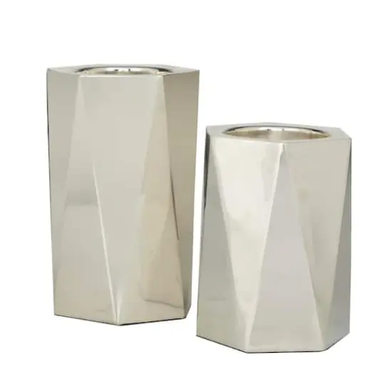 Silver Stainless Steel Glam Candle Holder, Set of 2" 10", 8" {3}