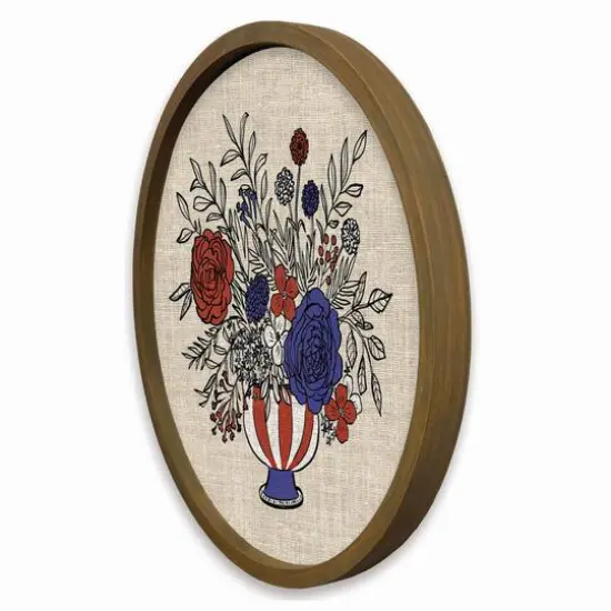 20" x 20" Red, White & Blue Florals Round Framed Print Brown {3}