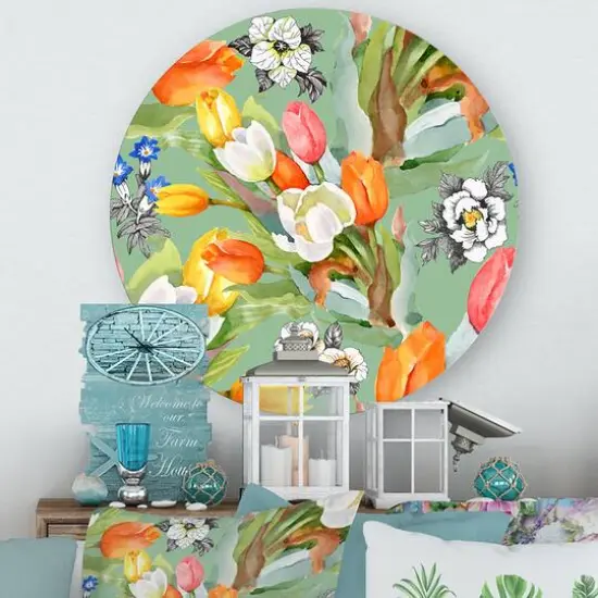 Designart - Blooming White and Orange Tulips III - Traditional Metal Circle Wall Art {3}