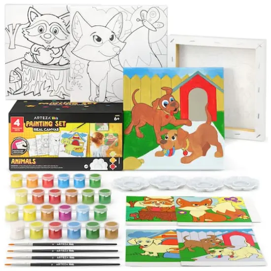 Arteza&reg; Kids Canvas Paint Kit, 4 8x8 Canvas with Brushes & Paints Animals {1}