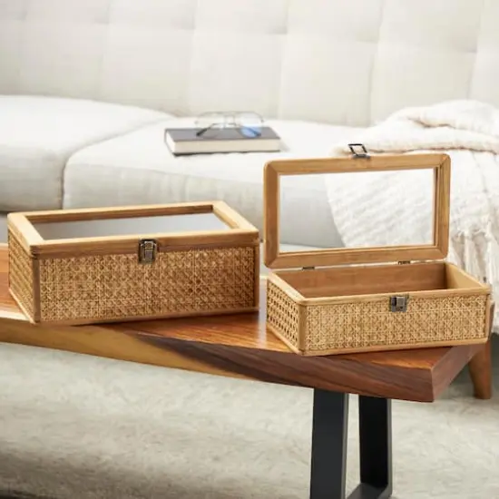 Brown Woven Rattan Box with Glass Top Set {3}