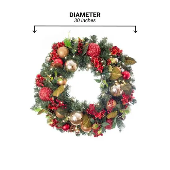 Village Lighting 30" Pre-Lit Scarlet Hydrangea Christmas Wreath, Clear LED Lights {8}