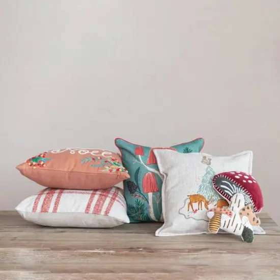 Hello Honey&reg; 18" Embroidered Mushrooms Cotton Slub Throw Pillow with Red Piping {3}