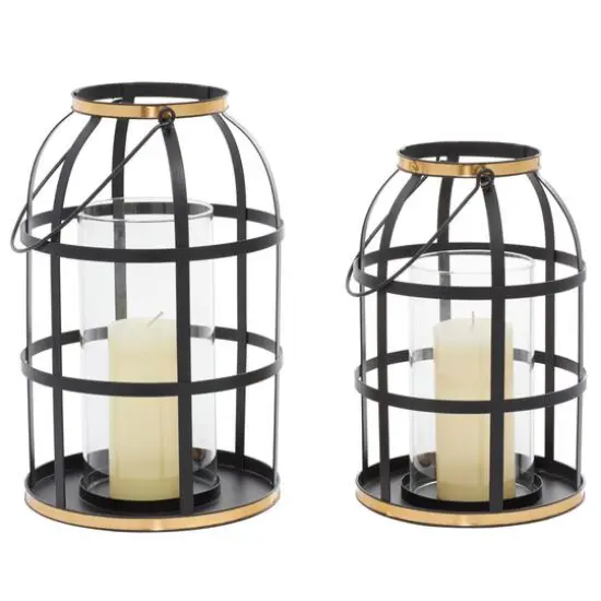 Set of 2" Black Metal Industrial Lantern , 14", 12" {1}