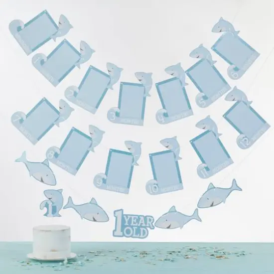 Kate Aspen® Shark Party 1st Birthday Milestone Photo Banner & Cake Topper Set {4}