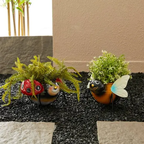 Glitzhome&reg; 10" Bee & Ladybug Metal Statue Planter Set {7}
