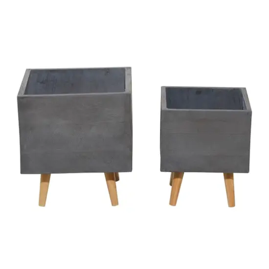 Set of 2 Grey Polystone Contemporary Planter, 13", 15" {3}