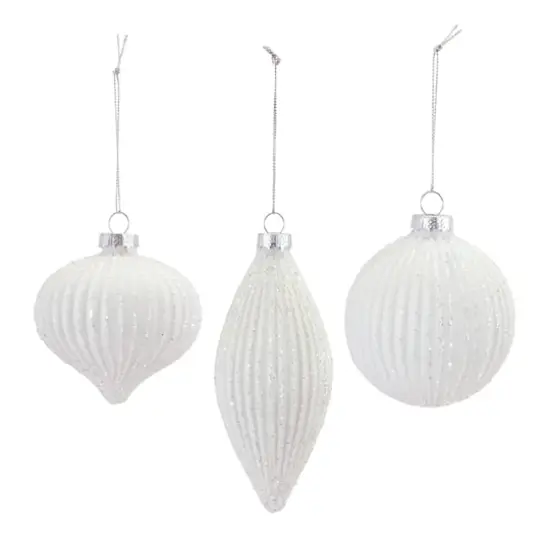 Glitter Ribbed White Glass Ornament Set {3}