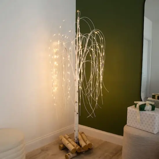 6ft. Pre-Lit White Weeping Willow Artificial Christmas Tree, Warm White LED Lights {12}