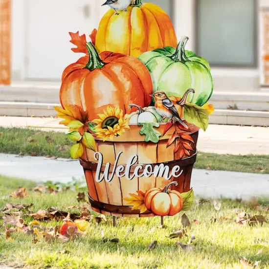 Glitzhome&reg; 30.25" Fall Metal Pumpkins with Barrel Yard Stake {6}