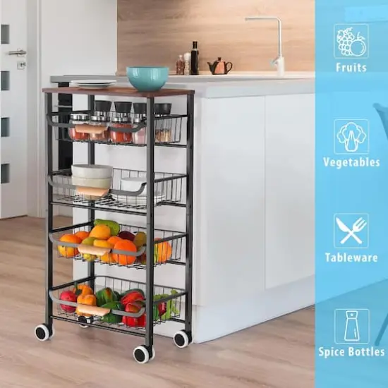 Black 5-Tier Metal Wire Basket Shelf Kitchen Storage Rolling Cart {8}