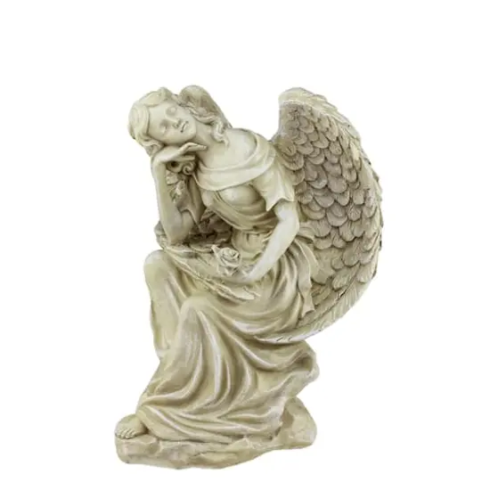 12" Almond Brown Daydreaming Angel with Rose Garden Statue {1}