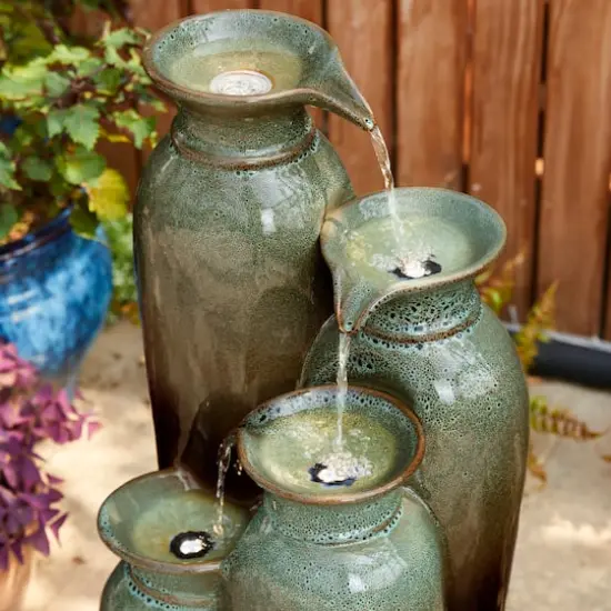 Glitzhome&reg; 30.75" 4-Tier LED Reactive Glaze Ceramic Vase Outdoor Floor Fountain Olive Green and Brown {5}