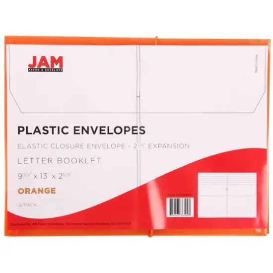 JAM Paper 9.75" x 13" Plastic Elastic Band Closure Expansion Envelopes, 12ct. Orange {5}