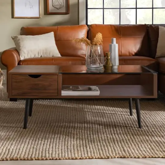 Dark Walnut Mid Century Modern Wood & Glass Coffee Table {4}