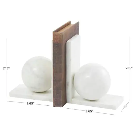 7" White Marble Sleek Orb Geometric Bookends with L-Shaped Bases Set {4}