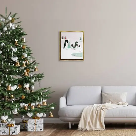 Stupell Industries Penguins Decorating Christmas Tree Framed Floater Canvas Wall Art Gold {3}
