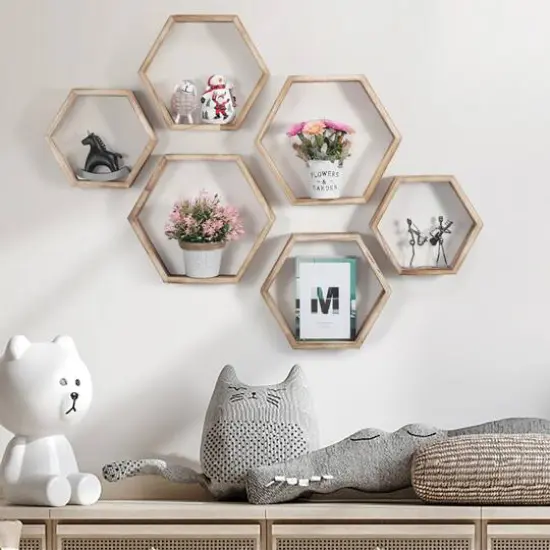 NEX&trade; Light Brown Hexagon Floating Wood Shelves Set {7}