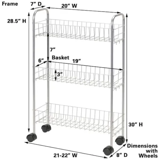 Household Essentials 30" Slim 3-Shelf Storage & Utility Cart Silver {4}