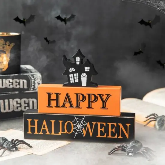 Glitzhome&reg; 9.5" Happy Halloween Haunted House Block Sign {4}