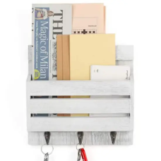 NEX&trade; 10" Rustic White Gray Wood Wall-Mounted Mail & Key Holder Organizer with 3 Key Hooks {7}