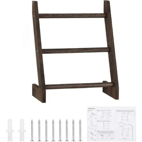 3-Tier Rustic Wood Farmhouse Wall Hanging Ladder Towel Rack Brown {2}